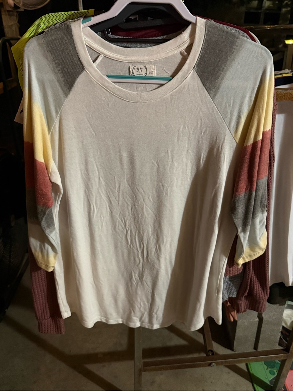 Maurices Ivory Long Sleeve Raglan Top with Yellow, Gray & Rust Sleeves
